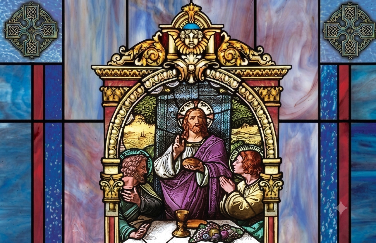Stained glass depicting Christ at the Last Supper with Celtic crosses